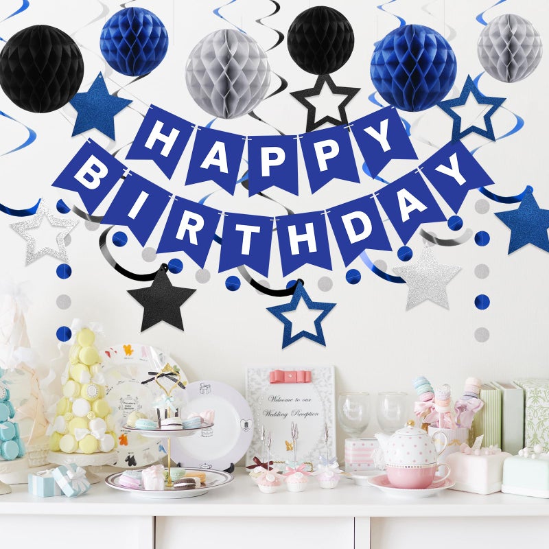 meowtastic Birthday Decorations  Happy Birthday Banner with Honeycomb Balls  Star Hanging Swirl Streamer  Circle Dot Garland  Happy Birthday Party Decorations for Women Men Boys Girls (Blue & Silver) - Image 2